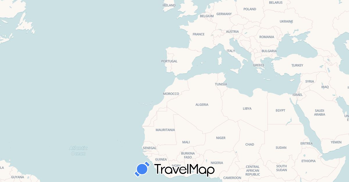 TravelMap itinerary: driving, bus, cycling, hiking, boat, hitchhiking in Andorra, Spain, France, Morocco, Mauritania, Portugal, Senegal (Africa, Europe)